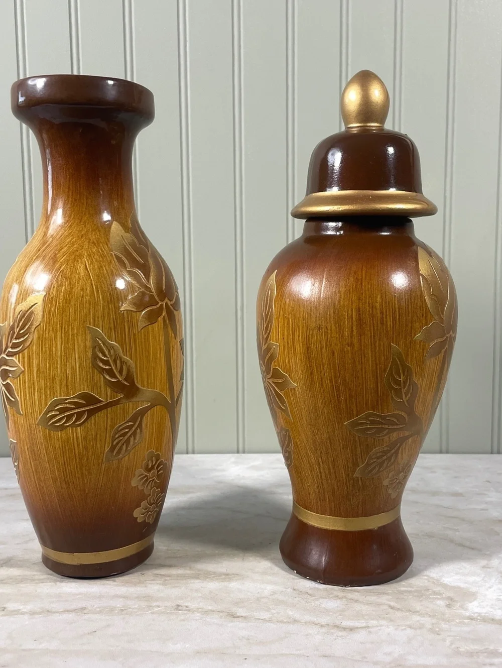 Vintage Floral Woodgrain Vase and Lidded Ginger Jar Set